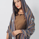 Yaser Shaw Embroidered Shawl - Blue/Brown Striped Elephants/Leopards