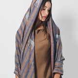 Yaser Shaw Embroidered Shawl - Blue/Brown Striped Elephants/Leopards