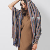 Yaser Shaw Embroidered Shawl - Blue/Brown Striped Elephants/Leopards