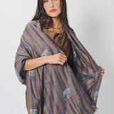 Yaser Shaw Embroidered Shawl - Blue/Brown Striped Elephants/Leopards