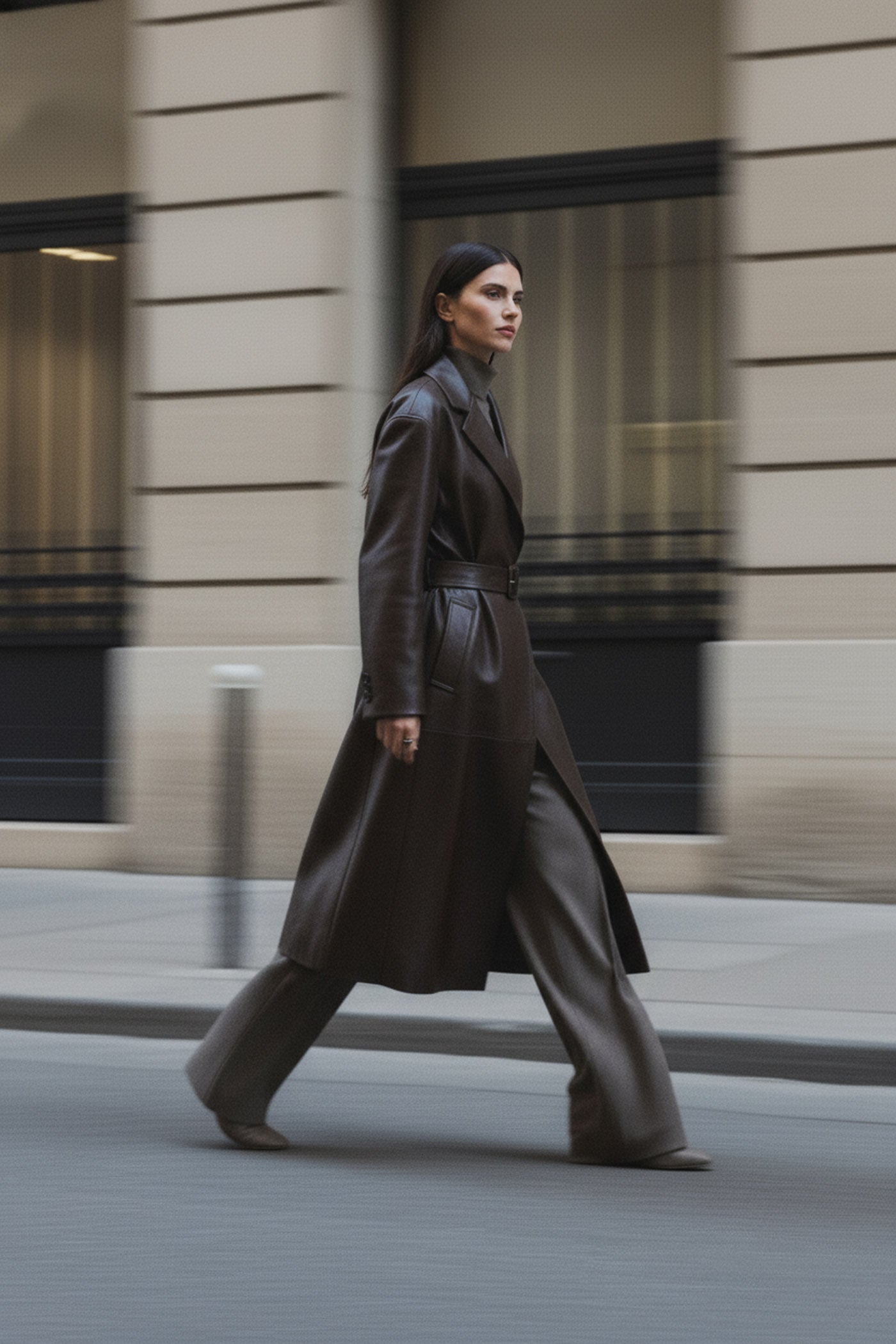 Woman in a long dark coat by The Row walking on a city street.