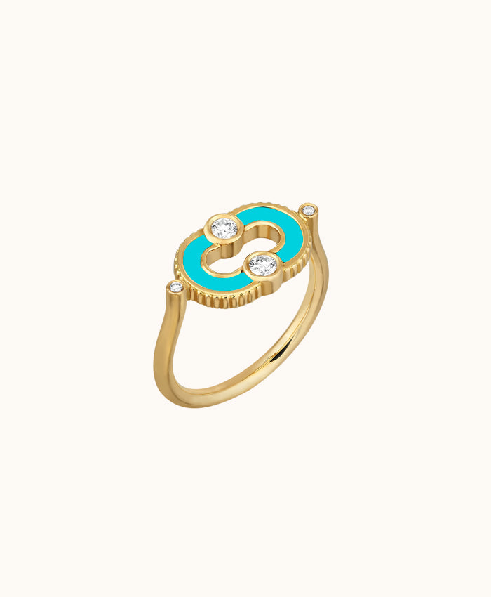 18K Yellow Gold Turquoise and Diamond Magnetic Ring