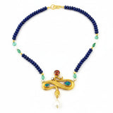 Darlene de Sedle Lapis Necklace with Gold Snake Pendant with Doublets, Pearls, and Diamonds