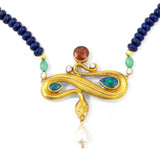 Darlene de Sedle Lapis Necklace with Gold Snake Pendant with Doublets, Pearls, and Diamonds
