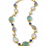 Darlene de Sedle 22K Yellow Gold Linked Necklace With Rainbow Moonstone, Sapphire, Chalcedony, and Pearls