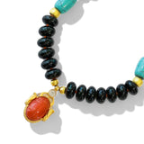 Darlene de Sedle 18" Black Opal Necklace with Turquoise, Yellow Gold and 22K Yellow Gold Cobra and Coral Scarab
