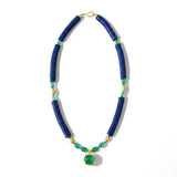 Darlene de Sedle 18" Lapis Heshi Necklace with Emerald Cabachon Pendant and Emerald, 22K Yellow Gold and Diamond Football Nuggets