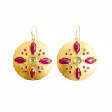 Darlene de Sedle 22K Yellow Gold Sheet Discs with Marquis Shaped Cabochon Rubies, Faceted Rubies, and Cabochon Peridot