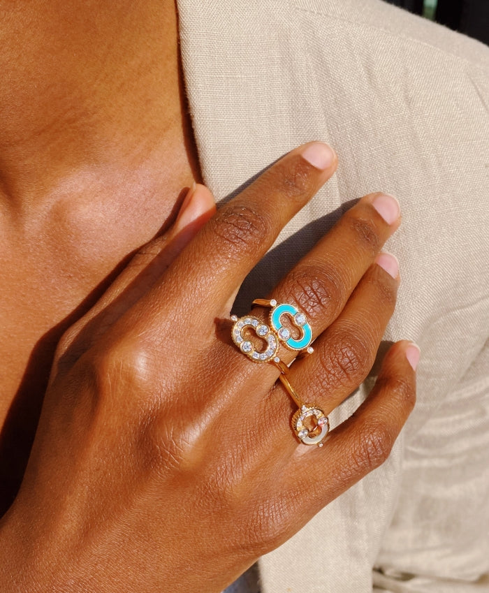 18K Yellow Gold Turquoise and Diamond Magnetic Ring