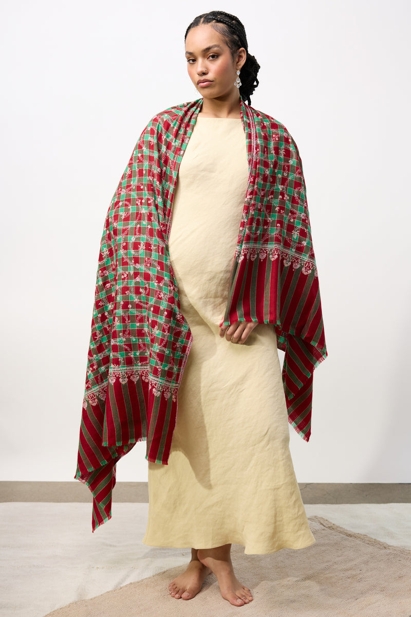 Embroidered Shawl - Red/Green Spirals