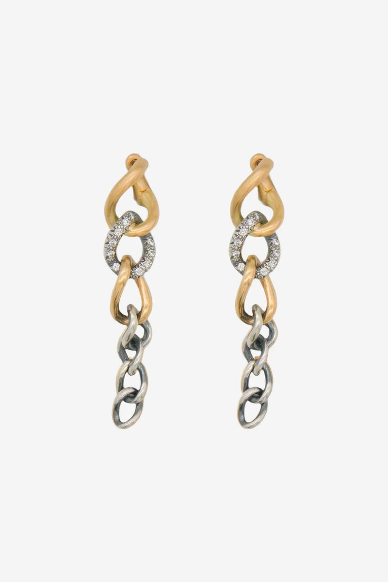 925 Silver and 18K Yellow Gold Chain Earrings Set with .18ct White Diamonds