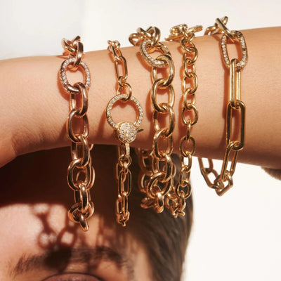 18K Yellow Gold Oblong Diamond Lock Chain Bracelet