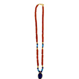 Darlene De Sedle Coral Tube Necklace with Turquoise, Lapis, Gold, and Lapis Scarab Pendant