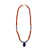 Darlene De Sedle Coral Tube Necklace with Turquoise, Lapis, Gold, and Lapis Scarab Pendant