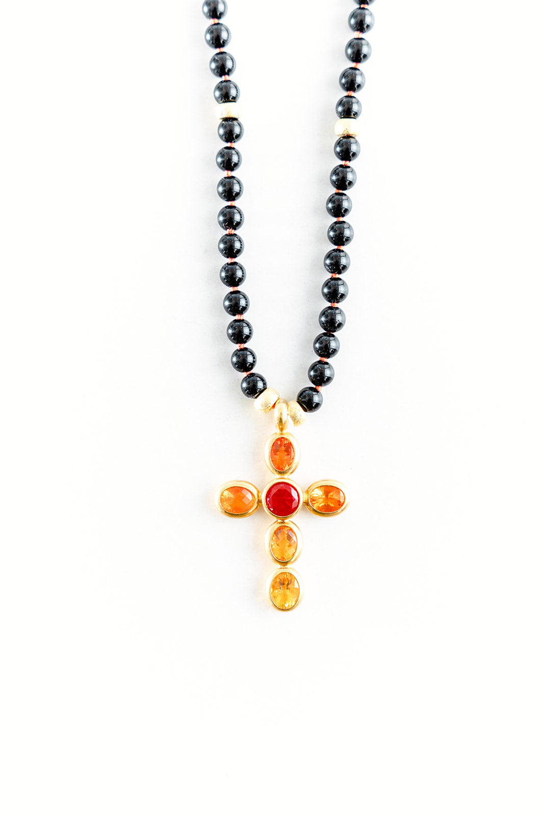30" Black Onyx Necklace with 22K Yellow Gold Faceted Orange and Yellow and Blood Orange Fire Opal Cross