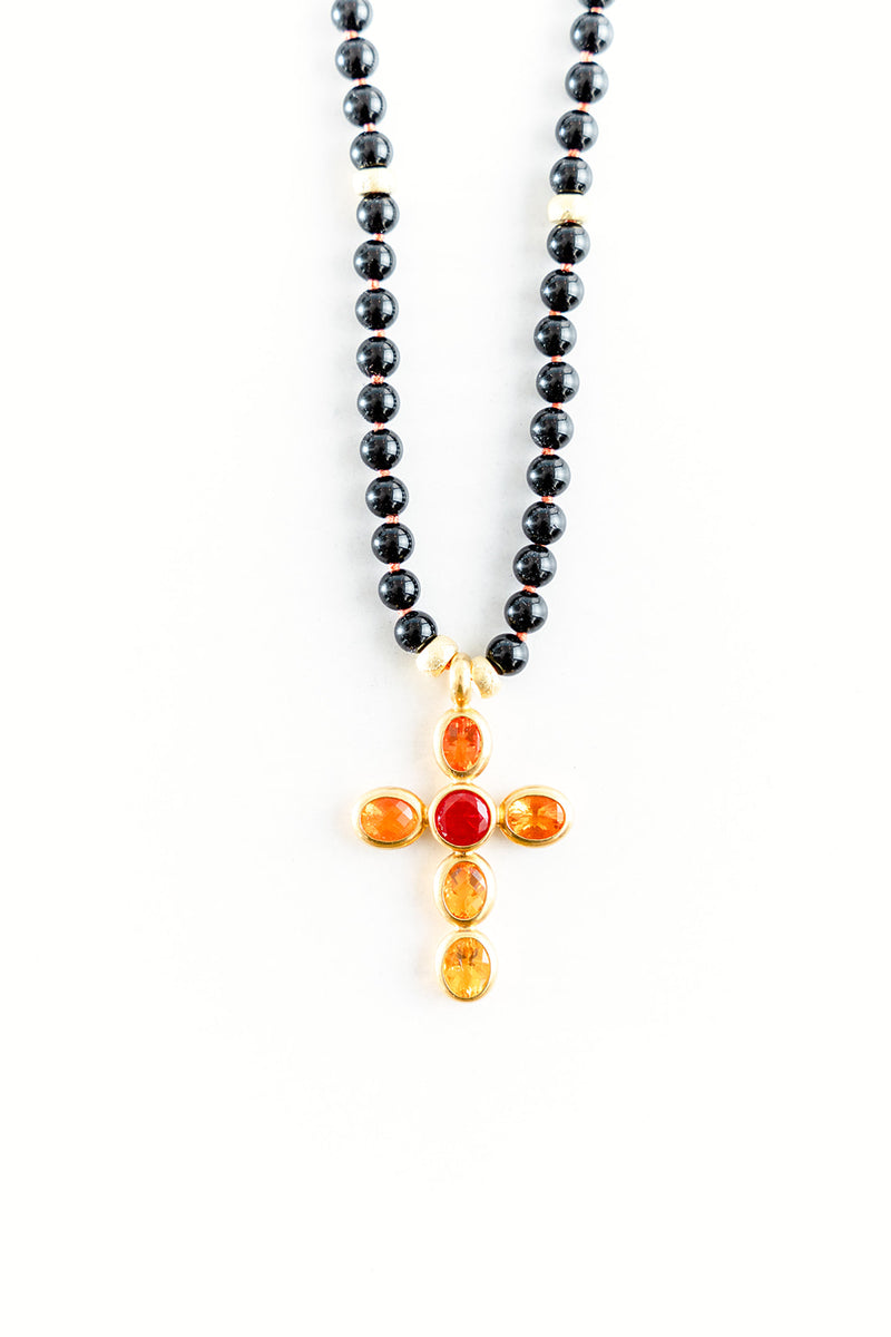 30" Black Onyx Necklace with 22K Yellow Gold Faceted Orange and Yellow and Blood Orange Fire Opal Cross