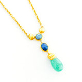 22K Yellow Gold Emerald Drop Seashells with 2 Black Opals on a 24” Handmade Chain