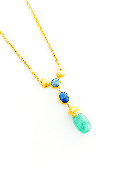 22K Yellow Gold Emerald Drop Seashells with 2 Black Opals on a 24” Handmade Chain