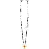 30" Black Onyx Necklace with 22K Yellow Gold Faceted Orange and Yellow and Blood Orange Fire Opal Cross