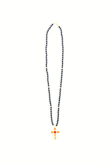 30" Black Onyx Necklace with 22K Yellow Gold Faceted Orange and Yellow and Blood Orange Fire Opal Cross