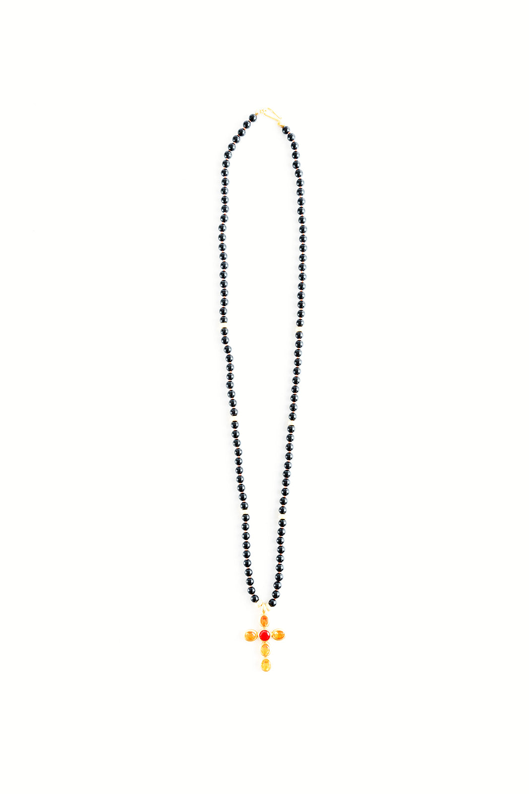 30" Black Onyx Necklace with 22K Yellow Gold Faceted Orange and Yellow and Blood Orange Fire Opal Cross
