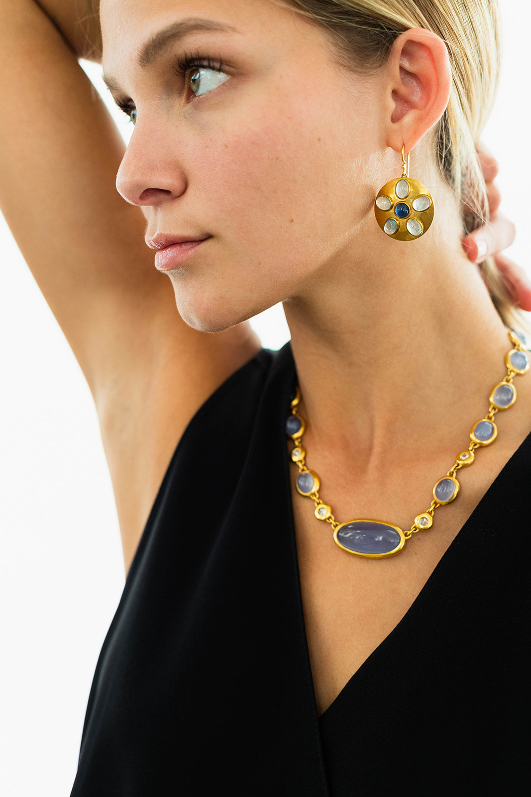 22K Yellow Gold Discs with Cabachon Aqua and Sapphire