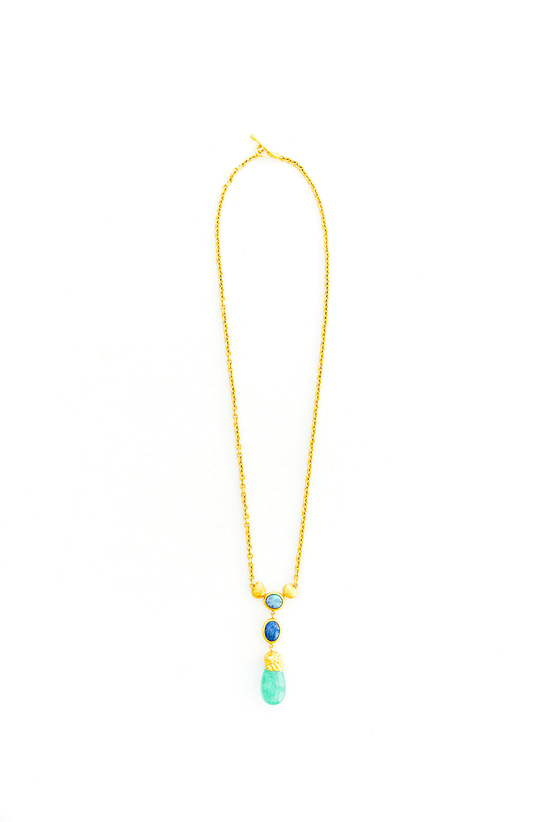 22K Yellow Gold Emerald Drop Seashells with 2 Black Opals on a 24” Handmade Chain