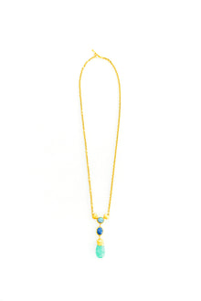 22K Yellow Gold Emerald Drop Seashells with 2 Black Opals on a 24” Handmade Chain