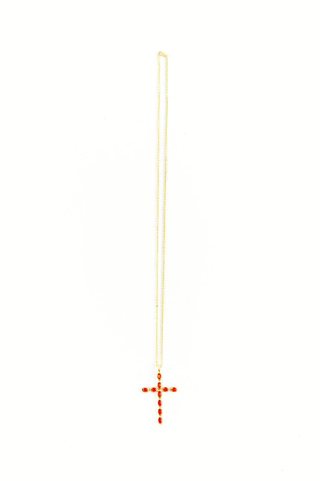 22K Yellow Gold Fire Opal Cross on 27” Chain