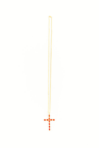 22K Yellow Gold Fire Opal Cross on 27” Chain