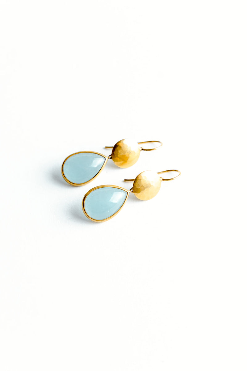22K Yellow Gold Sundisc Earrings with Pear Shaped Aquamarines