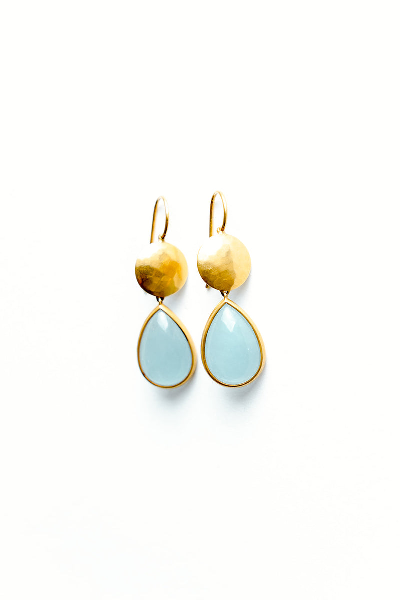 22K Yellow Gold Sundisc Earrings with Pear Shaped Aquamarines