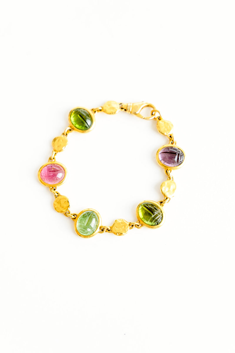 22K Yellow Gold 5 Scarab Bracelet with 8mm Coin Nuggets & Lobster Claw