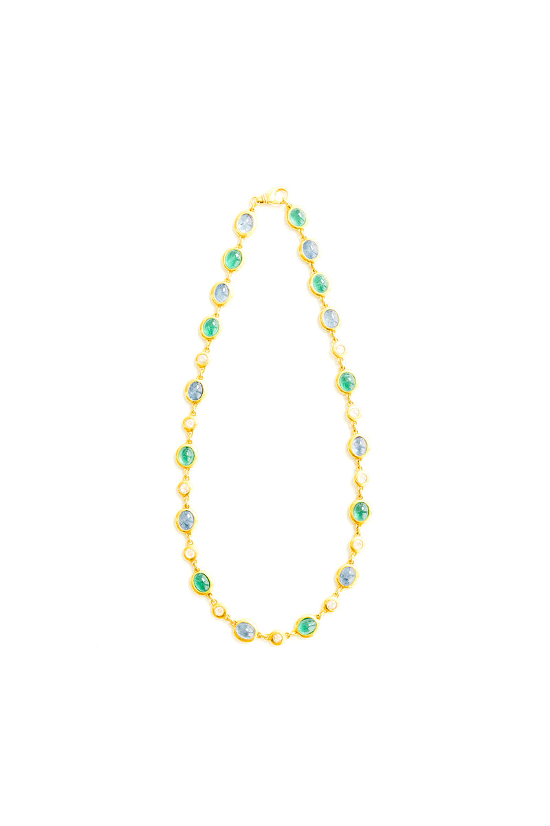 22K Yellow Gold Linked Necklace with Emeralds, Ceylon Sapphire, and Diamonds