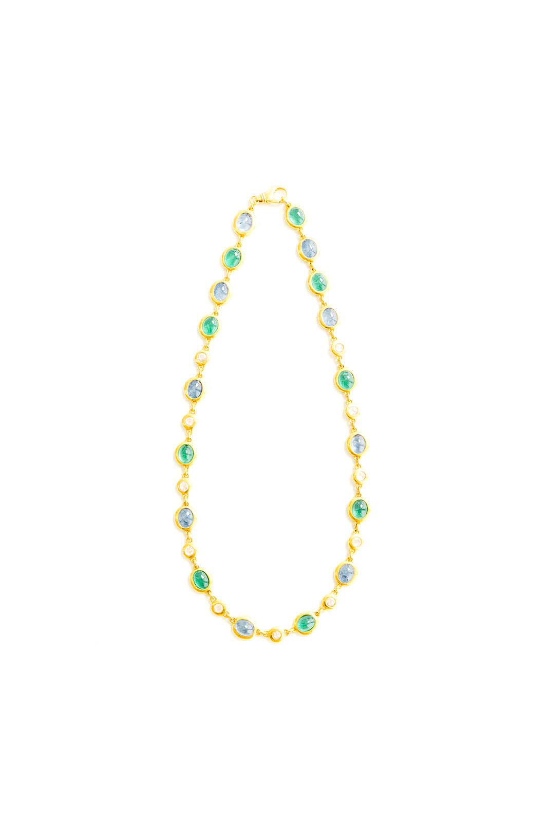 22K Yellow Gold Linked Necklace with Emeralds, Ceylon Sapphire, and Diamonds