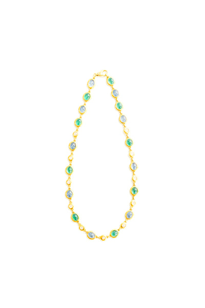 22K Yellow Gold Linked Necklace with Emeralds, Ceylon Sapphire, and Diamonds