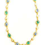 22K Yellow Gold Linked Necklace with Emeralds, Ceylon Sapphire, and Diamonds