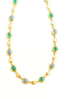 22K Yellow Gold Linked Necklace with Emeralds, Ceylon Sapphire, and Diamonds