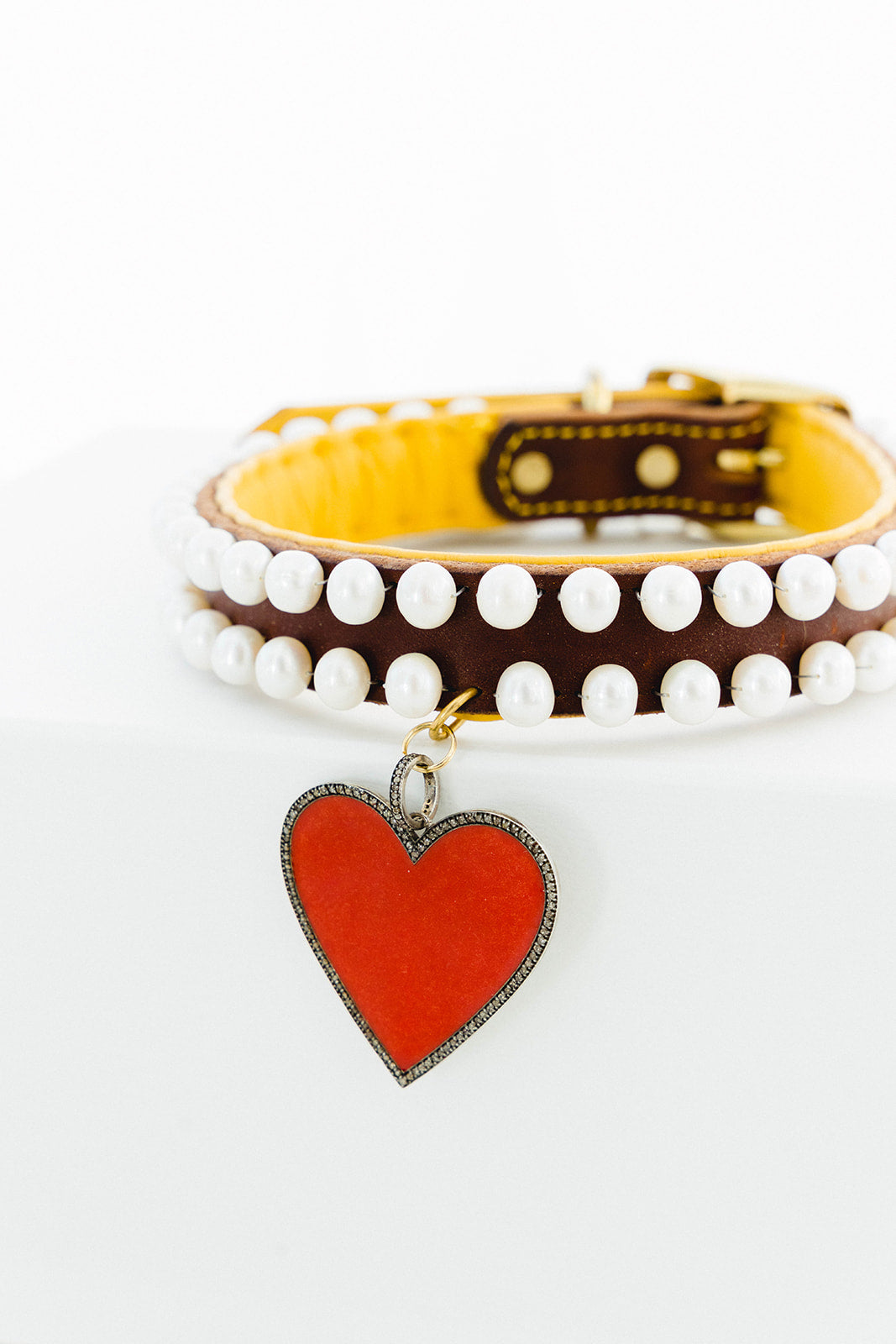 Pearl and Sterling Silver, Red Enamel Heart, and Diamond Dog Collar