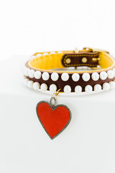 Pearl and Sterling Silver, Red Enamel Heart, and Diamond Dog Collar