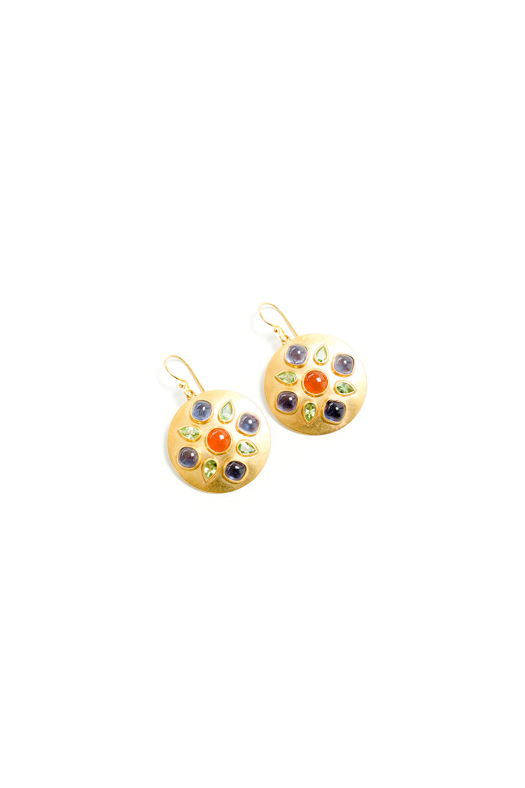 22K Yellow Gold Iolite, Peridot, and Fire Opal Disc Earrings