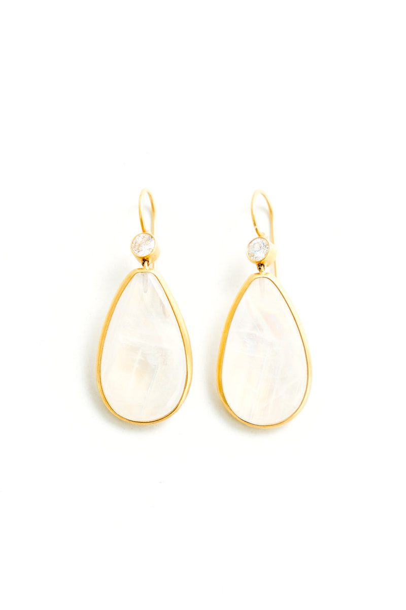 22K Yellow Gold Sliced Rose Cut Rainbow Moonstone Earrings with Diamonds