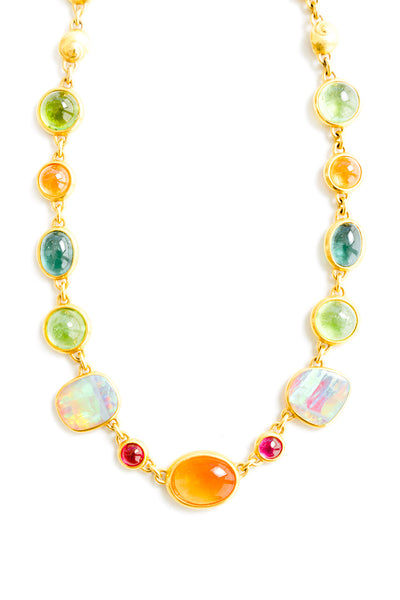 22K Yellow Gold Catalina Necklace with Black Opal, Fire Opal, Peridot, Spessartite, Rubelite and Gold Seashells