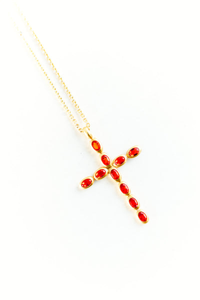 22K Yellow Gold Fire Opal Cross on 27” Chain
