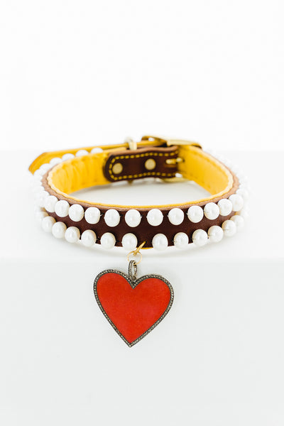 Pearl and Sterling Silver, Red Enamel Heart, and Diamond Dog Collar