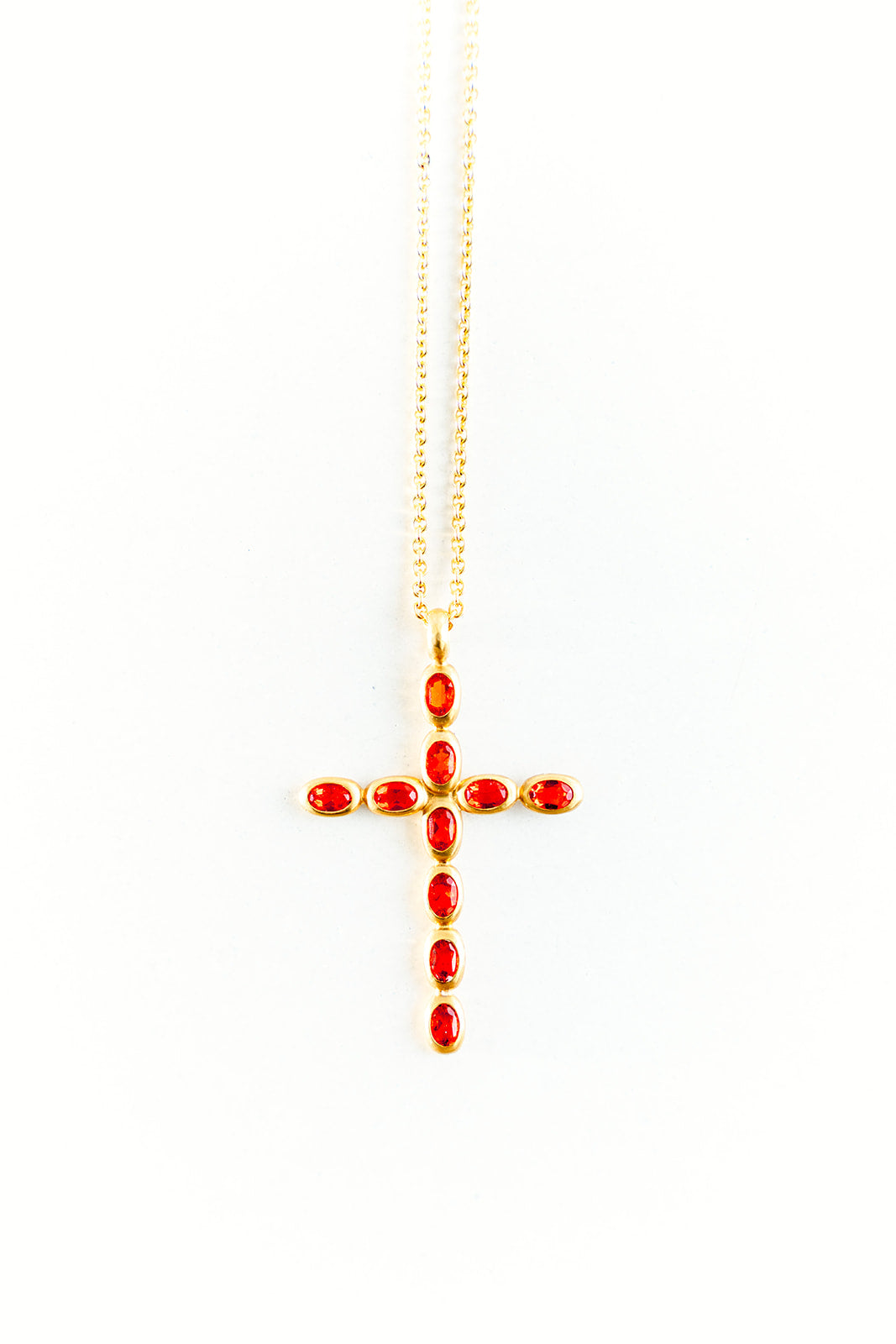 22K Yellow Gold Fire Opal Cross on 27” Chain