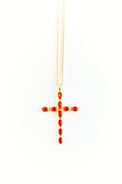 22K Yellow Gold Fire Opal Cross on 27” Chain