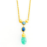 22K Yellow Gold Emerald Drop Seashells with 2 Black Opals on a 24” Handmade Chain