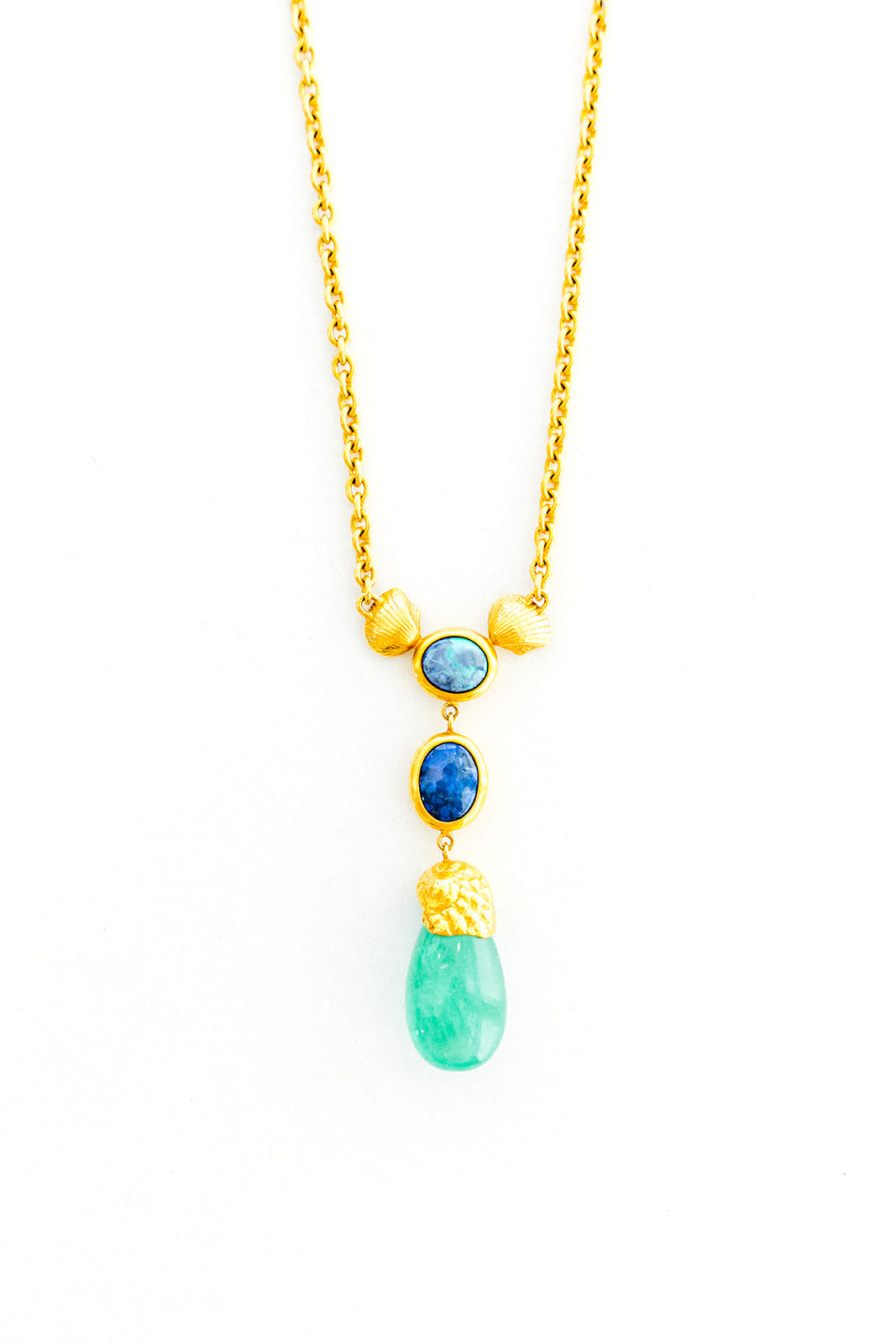 22K Yellow Gold Emerald Drop Seashells with 2 Black Opals on a 24” Handmade Chain