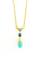 22K Yellow Gold Emerald Drop Seashells with 2 Black Opals on a 24” Handmade Chain